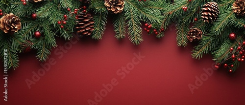 Festive evergreen boughs with pinecones and red berries arranged on a deep red background, creating a horizontal Christmas border