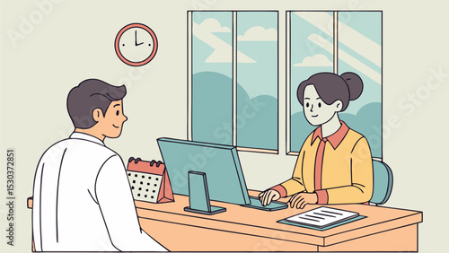 Man visiting woman at her office desk with computer calendar clock and window in the background scene