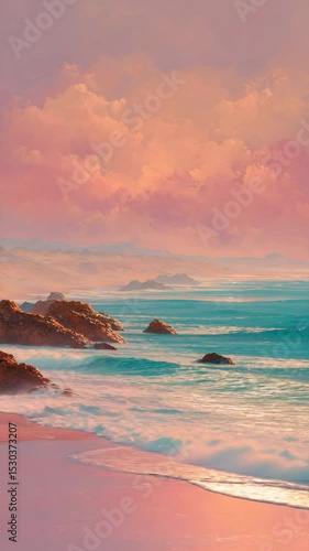Pink and teal coastal scene at sunset. Soft light bathes the beach, ocean waves, and rocky shoreline. Peaceful and serene atmosphere. 