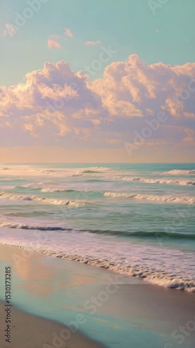 Pastel pink and purple clouds over a tranquil ocean at sunrise. Soft, gentle waves lap a sandy beach. Calm, serene atmosphere.
