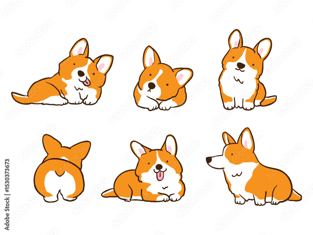 Fototapeta premium Vector Illustration of Cartoon Corgi Dog Characters on Isolated Background. Hand Drawn Vector Illustration. 