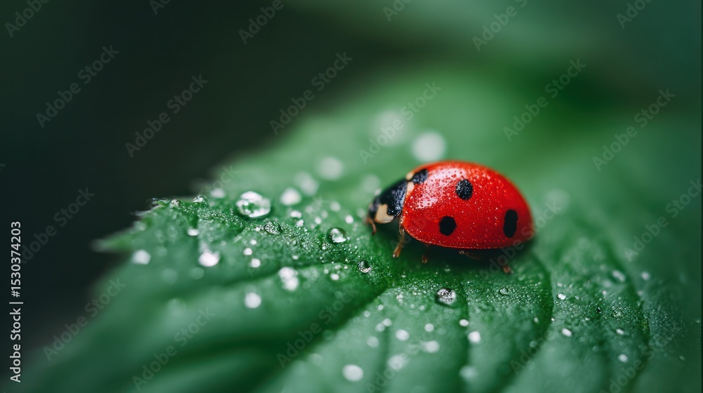 Obraz premium Macro Shot of Ladybug on Leaf with Morning Dew and Blurred Natural Background
