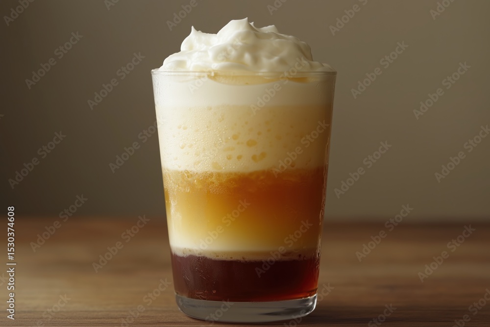 Layered coffee with frothy cream in glass. Rustic coffeehouse setting, neutral tones, modern beverage presentation. Coffee shop decor, autumn warmth, cozy ambiance. Layered coffee with frothy cream in glass. Rustic coffeehouse setting, neutral tones, modern beverage presentation. Coffee shop decor, autumn warmth, cozy ambiance.