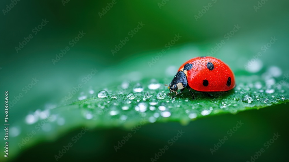 Fototapeta premium Ladybug on Dew-Covered Leaf in Fresh Green Macro Landscape