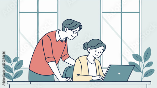 Illustration of a woman working on a laptop with a man standing behind her in a light filled room setting