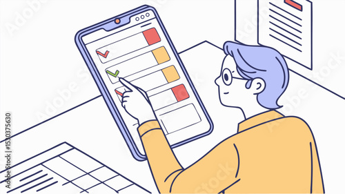 Person checking tasks on a mobile phone with check marks and progress bars in a modern office space setting