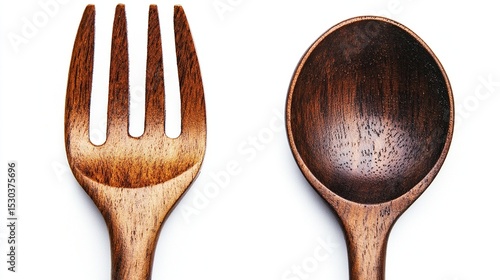 A wooden fork and spoon, both with a brown hue, are positioned side-by-side against a clean white background. The fork's tines are visible, while the spoon's bowl is facing the viewer
