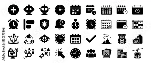 A diverse collection of glyph icons related to time, scheduling, and travel.