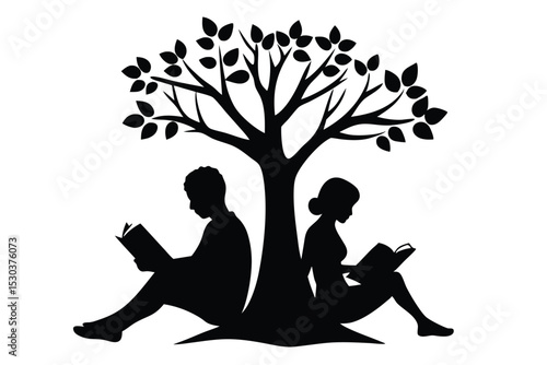 Romantic couple reading books under a tree