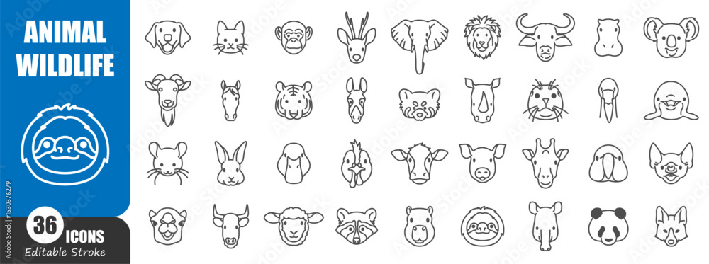 Obraz premium Animal and wildlife head front view outline icon . Editable stroke . Vector .