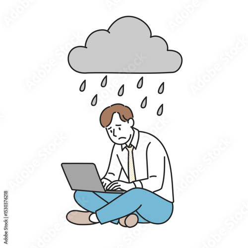 落ち込んでパソコン作業する男性会社員のイラスト