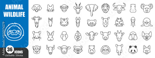 Animal and wildlife head front view outline icon . Editable stroke . Vector .