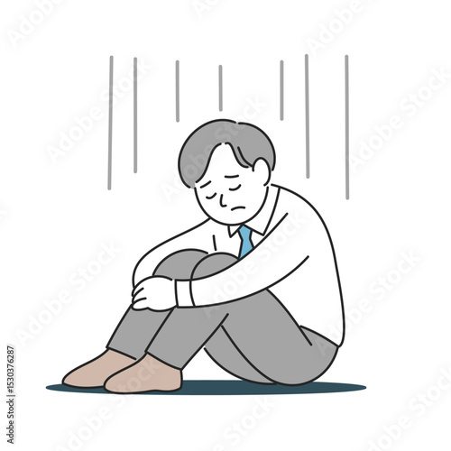 落ち込んでうずくまるスーツ姿の男性イラスト