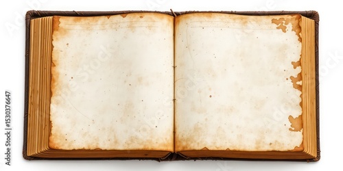 Open antiquarian manuscript showing aged pages with brown weathered spots on a plain backdrop