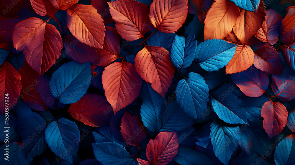 Vibrant colorful leaves in autumn displaying shades of red blue and orange forming a texture Vibrant colorful leaves in autumn displaying shades of red blue and orange forming a texture