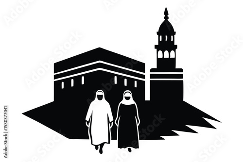 Muslim couple walking towards the kaaba in mecca