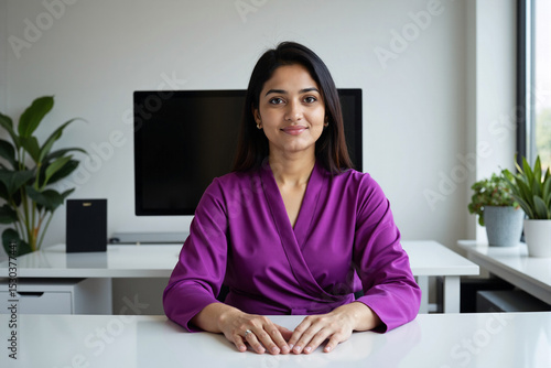 professional woman seated at her desk in a modern home office, looking directly at the camera, ready for an online meeting, video conference, or webinar, representing remote work and communication