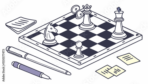Isometric view of a chessboard with chess pieces, pens, and paper sheets on a white background scene