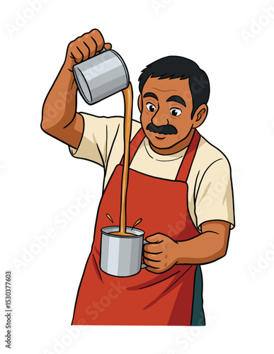 Traditional Teh Tarik Puller. Malaysian Man Pouring Milk Tea in Vector Illustration.