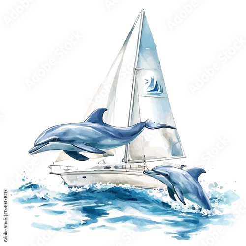 Dolphins Swimming Sailboat, watercolor clipart vector, isolated on a white background.