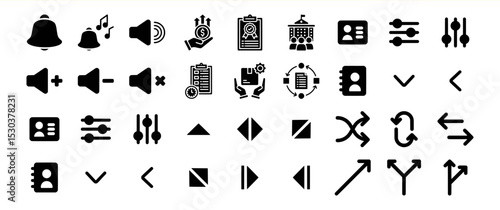 A diverse collection of vector icons encompassing various categories such as notifications, volume control, settings, and directional arrows.