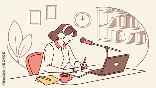 Illustration of a woman recording a podcast with a microphone laptop and bookshelf in the background