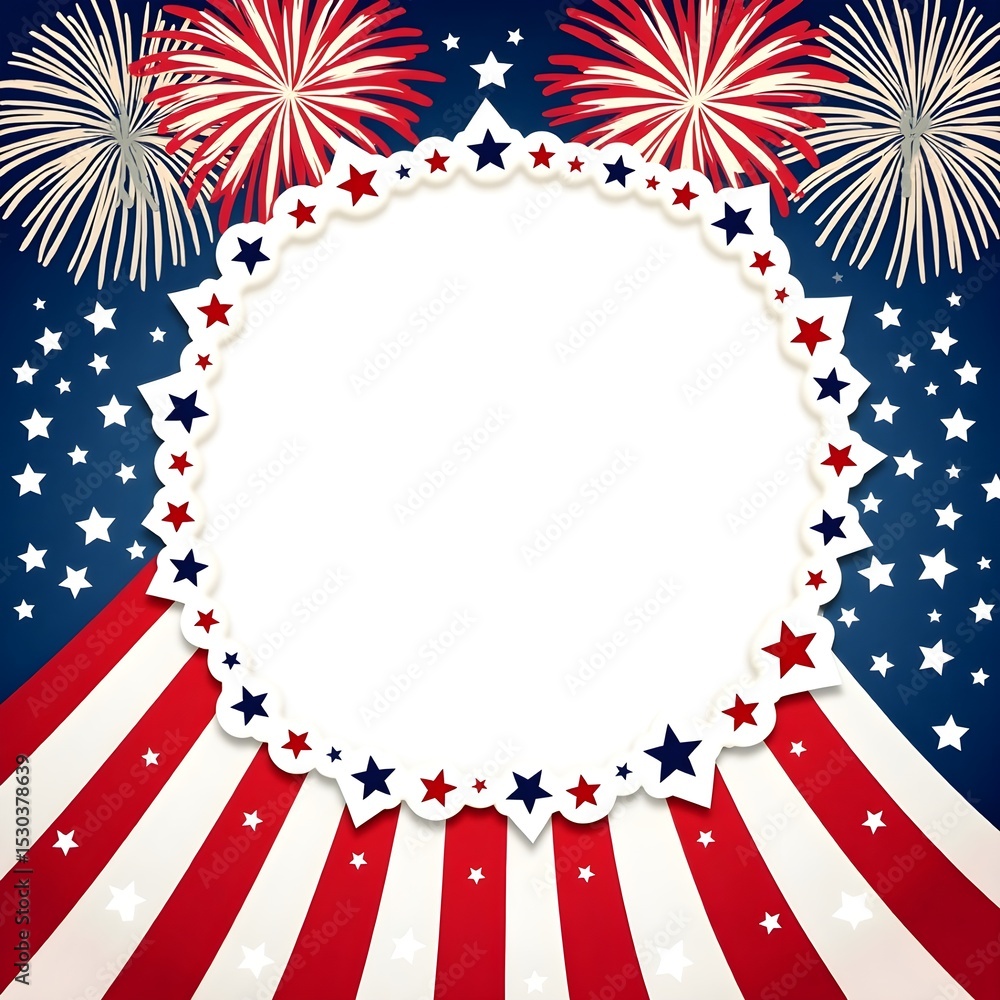 Obraz premium Patriotic USA Independence Day celebration with fireworks, stars, and stripes banner design