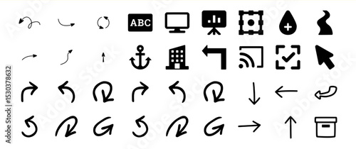 Collection of diverse hand-drawn and digital arrow icons and other miscellaneous symbols
