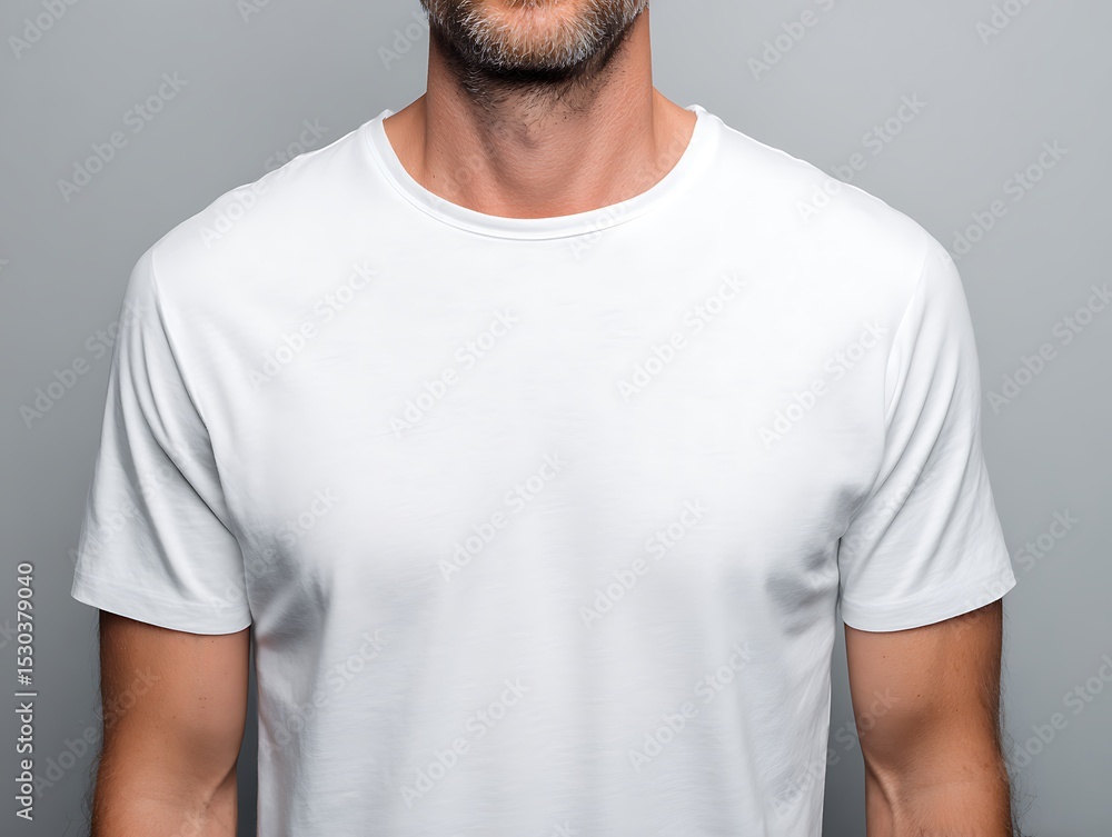 Fototapeta premium white t-shirt worn by a man, close-up centered chest view, high-quality cloth detail, clean lighting, no face, plain backdrop
