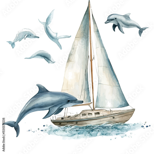 watercolor of Dolphins Swimming Sailboat, vector, isolated on a white background.