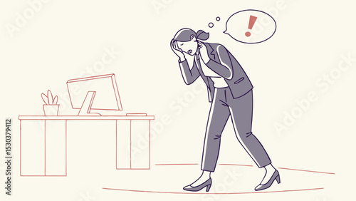 A woman in a suit looks stressed with an exclamation point above her head next to a desk and computer