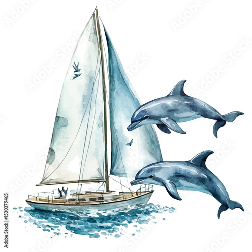 Dolphins Swimming Sailboat, watercolor illustration vector, isolated on a white background.