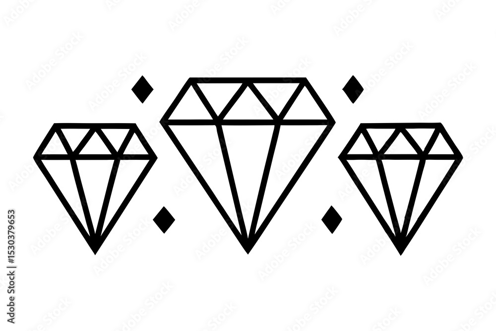 Three Diamonds Line Art Graphic Design, Simple Elegant Gems Three Diamonds Line Art Graphic Design, Simple Elegant Gems