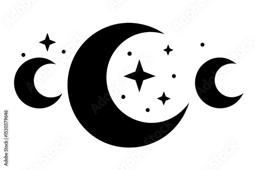 Celestial Moon and Stars Simple Black Silhouette Design