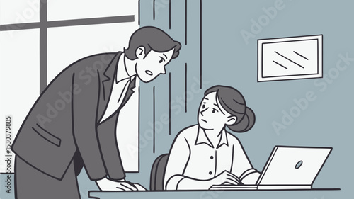 Illustration of a boss scolding an employee who is working on a laptop in an office setting with a window