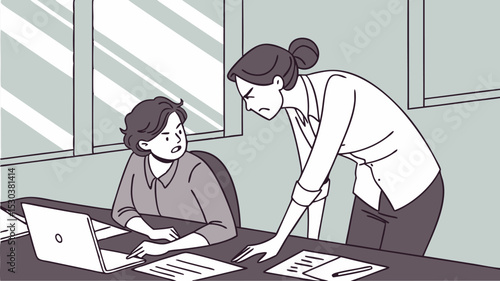 Illustration of a boss scolding an employee working at a desk with a laptop and documents in an office space