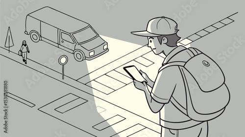 Man looking at phone on crosswalk with oncoming van and pedestrian walking on sidewalk in grayscale style