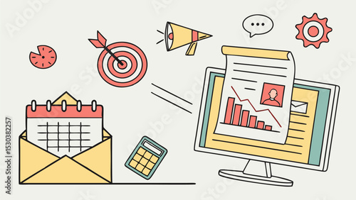 Illustration of a computer screen with a document, calendar, target, and other business related icons around it