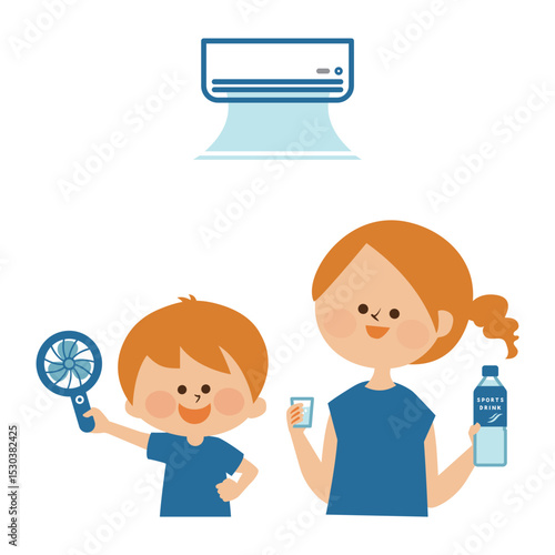 熱中症対策　親子　室内のイラスト素材