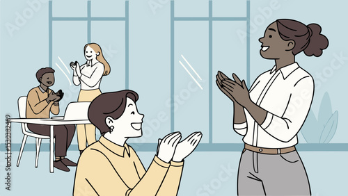 Group of diverse office workers clapping hands in an office setting with large windows and a table setup