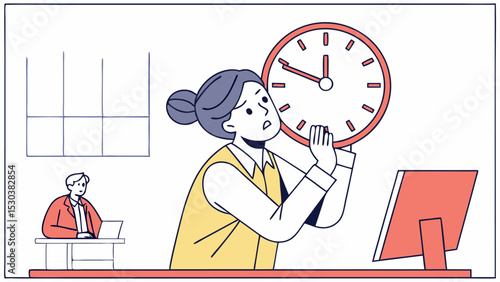 Woman holding a clock with concerned expression in office with coworker at desk and window view