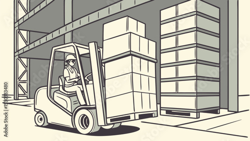 Illustration of a warehouse interior with a forklift operator moving stacked boxes on pallets inside the space