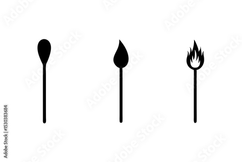 Matchstick Icon Set Unlit, Lit, Burning Flame