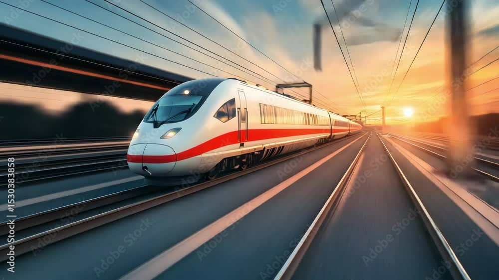 High speed train in motion on modern railway at sunset, vibrant sky colors enhancing dynamic transportation and travel experience High speed train in motion on modern railway at sunset, vibrant sky colors enhancing dynamic transportation and travel experience