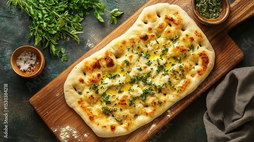 Overhead shot of a rectangular, golden-brown flatbread topped with melted butter, herbs, and possibly cheese, served on a wooden board, accompanied by fresh herbs and seasonings in small bowls