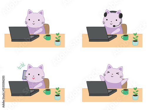 リモートワークをするネコのイラストセット　主線あり