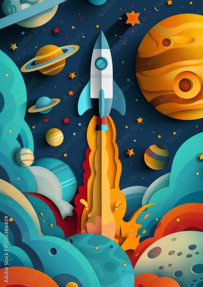 Naklejka premium Colorful rocket ship launching into space illustration with planets and stars