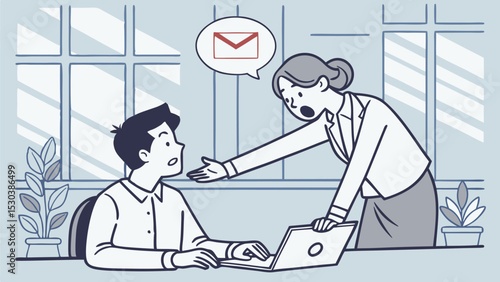 Woman scolding man at laptop with email notification in office setting near plants and window panes