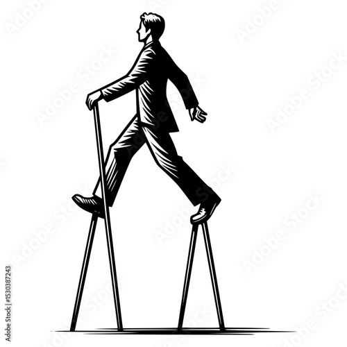 Businessman walking on stilts black and white illustration