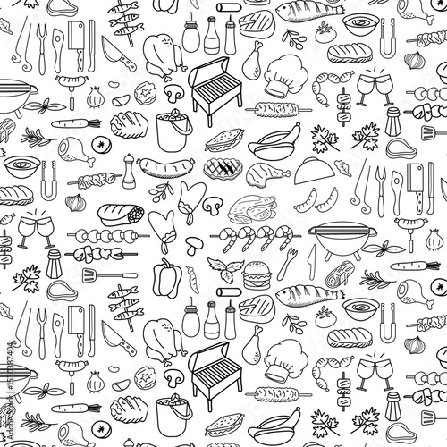 Bbq element doodle clipart icon seamless pattern